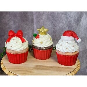 Christmas Faux Cupcake Cupcakes Figures 3 Pc Santa Hat Bow Star 4" Sweet Treats‎